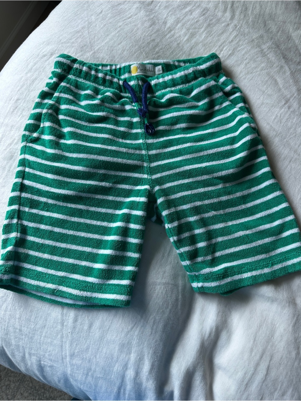 Mini Boden Green and White Striped Terry Shorts